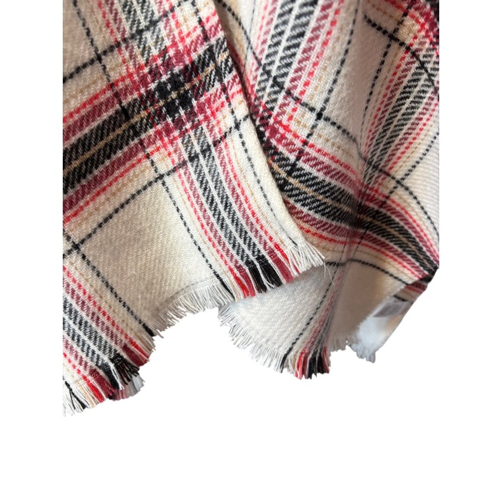 Loft Women's Size M/L Plaid Wrap Soft Poncho With Frayed Hem Red Cream Black - Picture 5 of 9